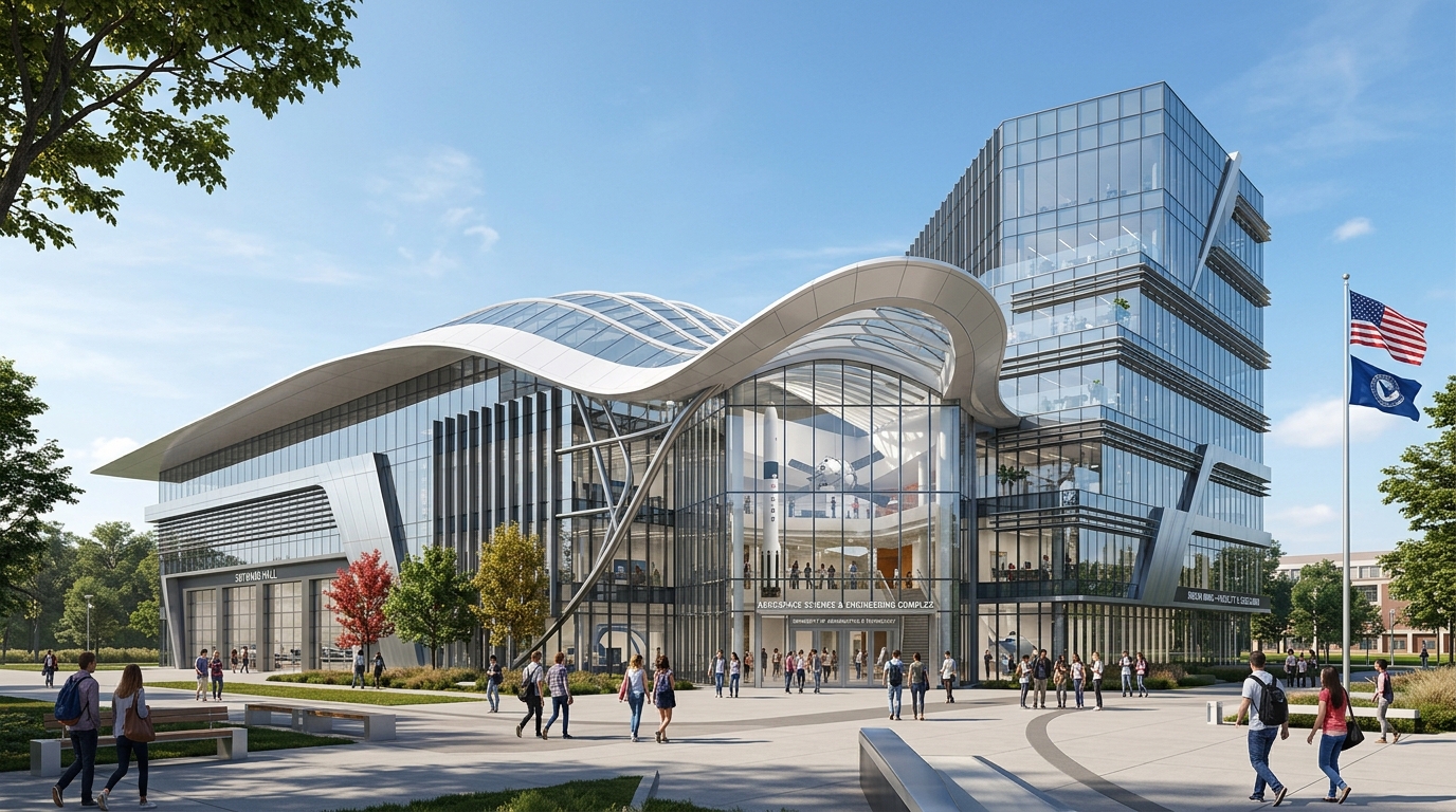 Architectural rendering of a modern university aerospace engineering building with glass facades