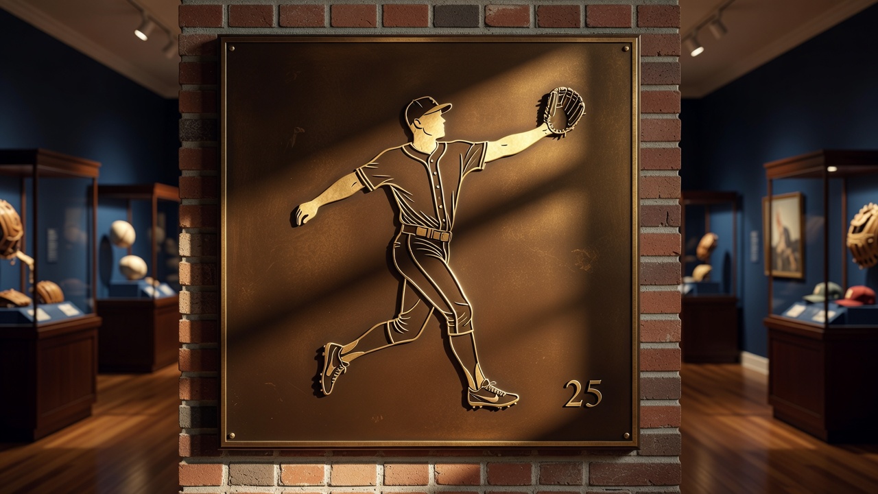 Illustrated Hall of Fame-style plaque showing a center fielder wearing number 25