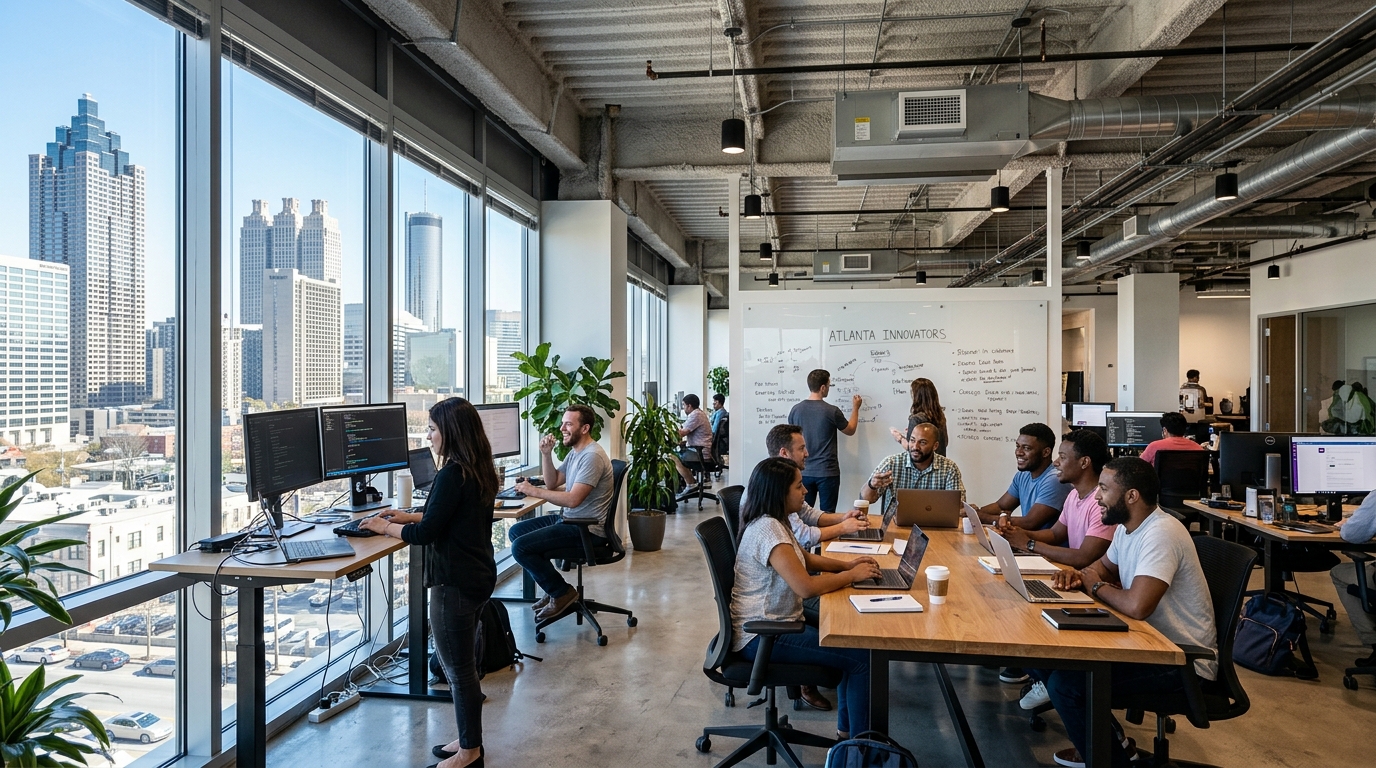 Entrepreneurs work in a modern Atlanta coworking space with the downtown skyline visible through large windows