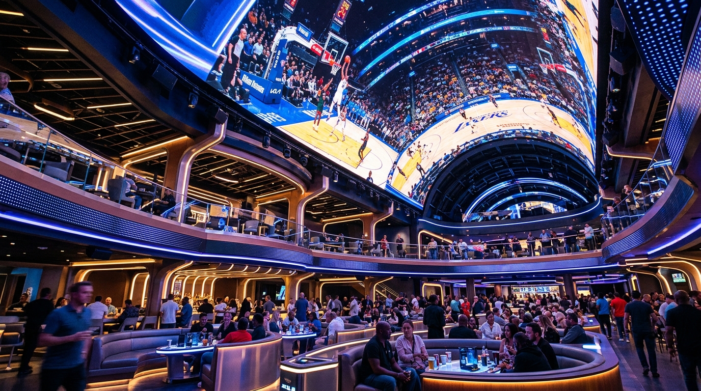 Interior of the Cosm immersive entertainment venue showing a massive curved LED dome screen