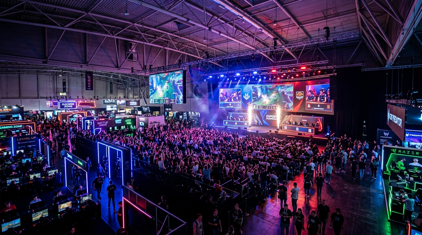 Interior of a large convention center set up for gaming and esports with dramatic LED lighting