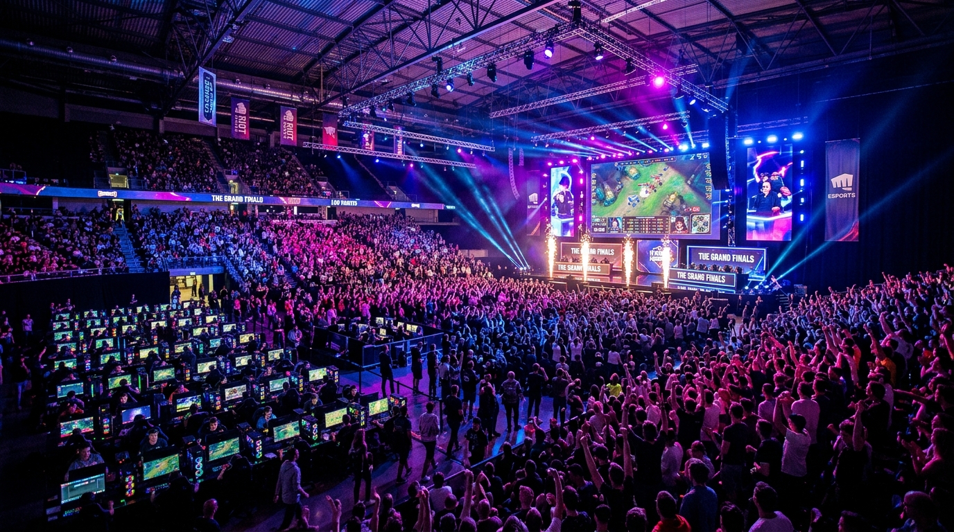 Esports stage at DreamHack Atlanta with massive screens, neon lighting, and a packed crowd