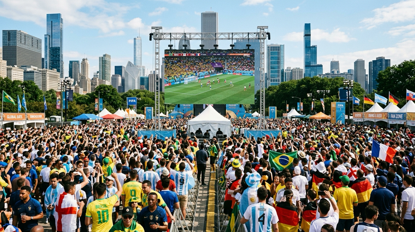 Crowds gathering at the FIFA Fan Festival in Centennial Olympic Park with the Atlanta skyline in the background