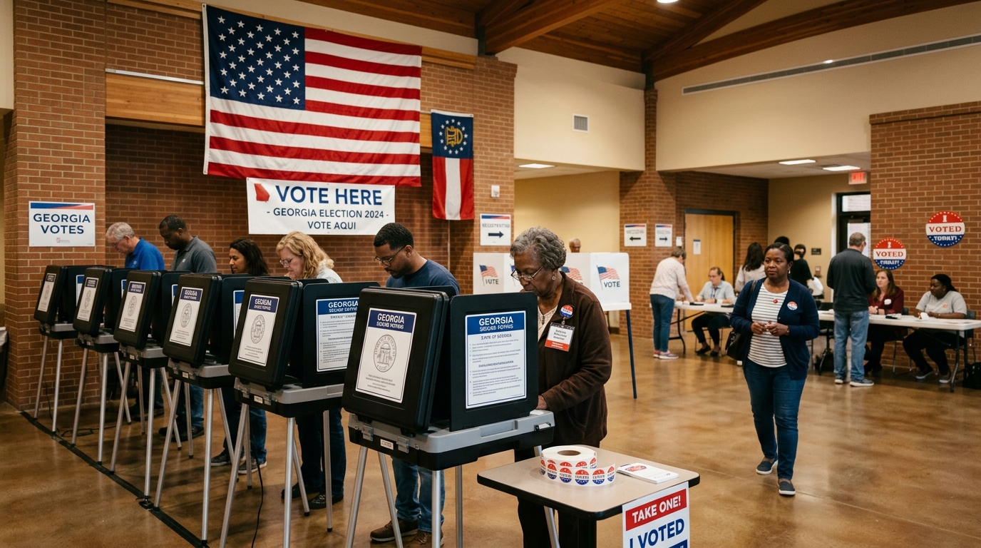 Georgia voters cast ballots at a polling location with American and state flags on display