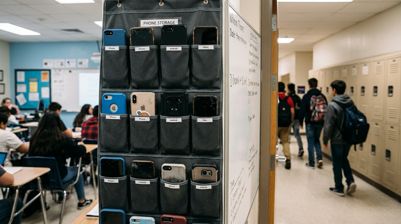 A row of phone pouches hanging in a school hallway