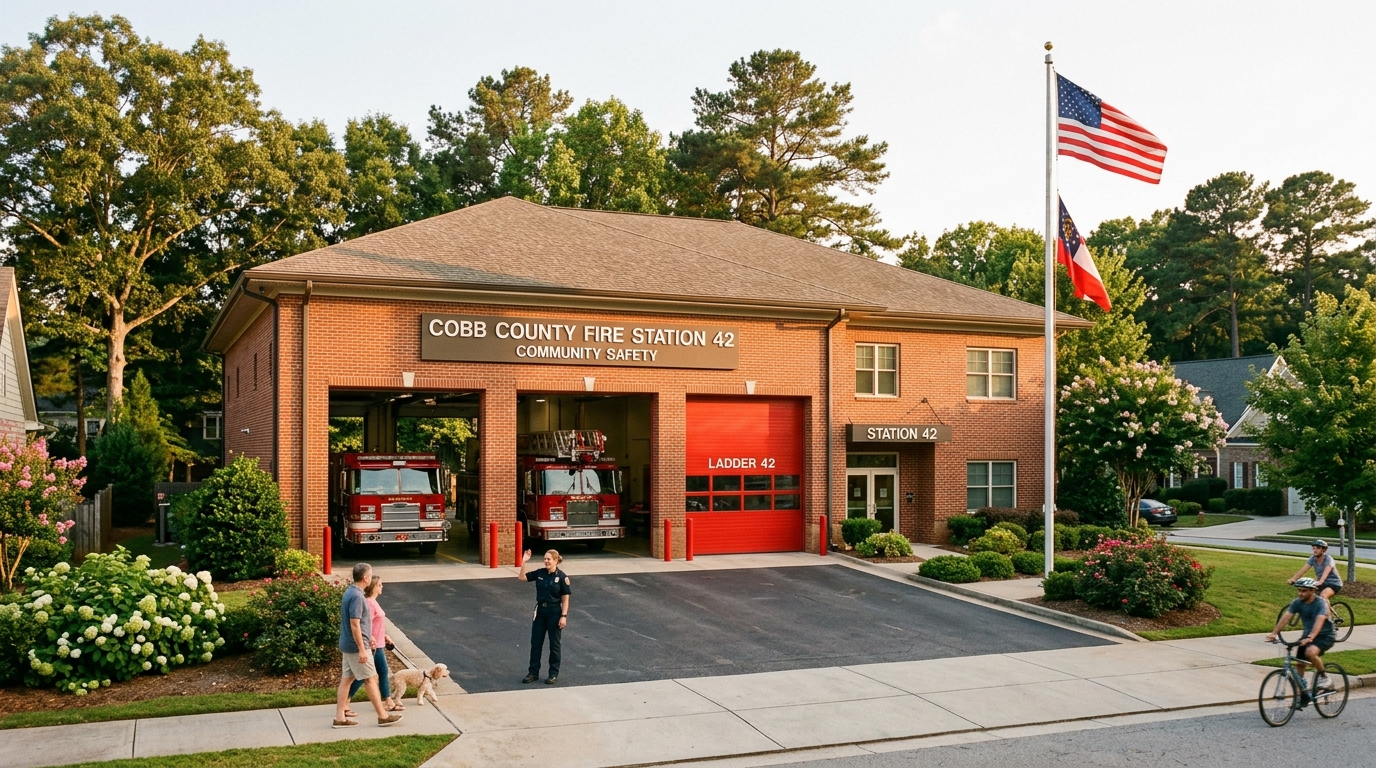 A warm and welcoming fire station exterior in suburban Georgia
