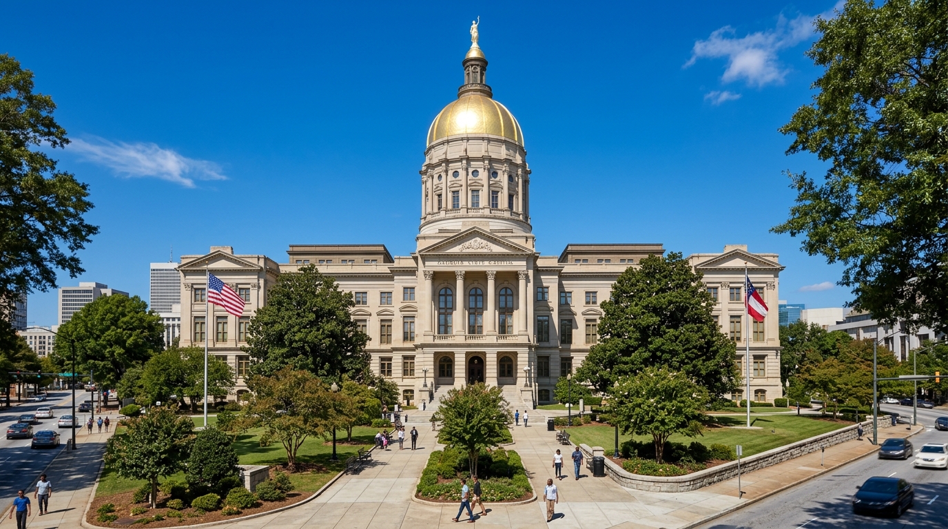 The Georgia State Capitol building with its gold dome against a blue sky