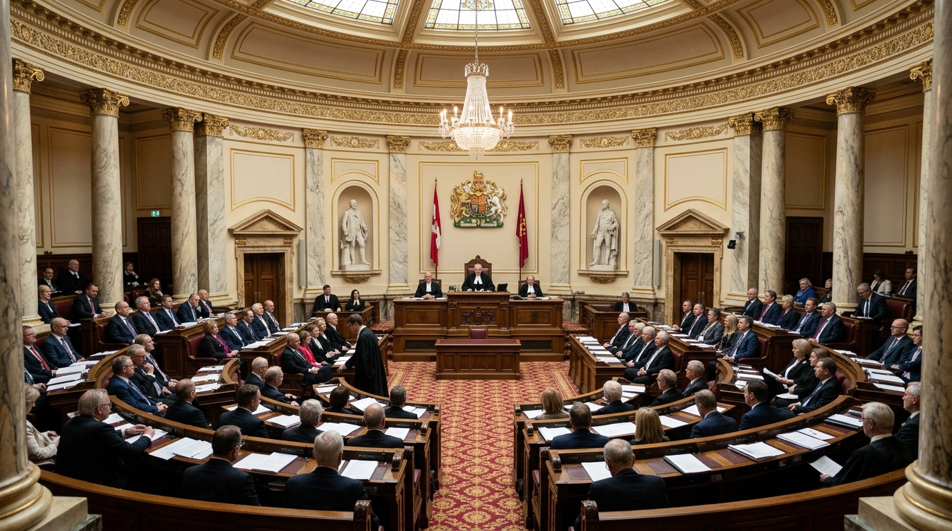 Interior of a legislative chamber with ornate architecture and official atmosphere