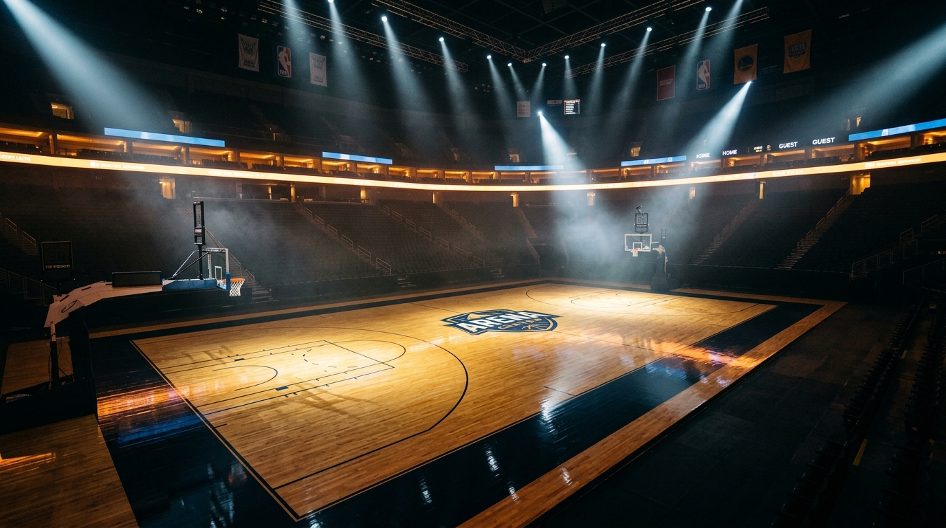 Dramatic arena lighting illuminates a hardwood basketball court from an elevated angle