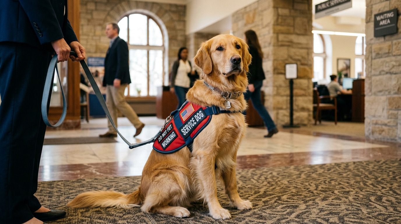A service dog wearing an official vest sits calmly in a public setting