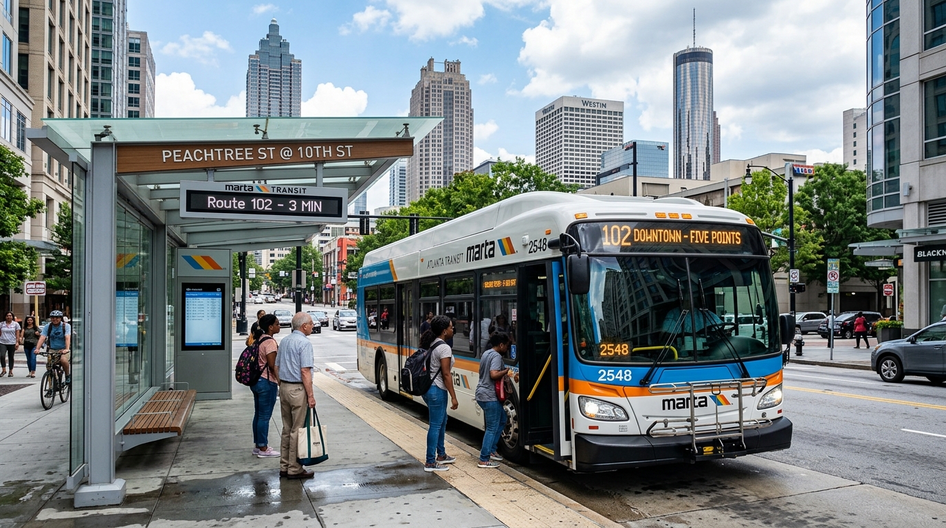 A modern MARTA bus pulls into a sleek transit stop in Atlanta