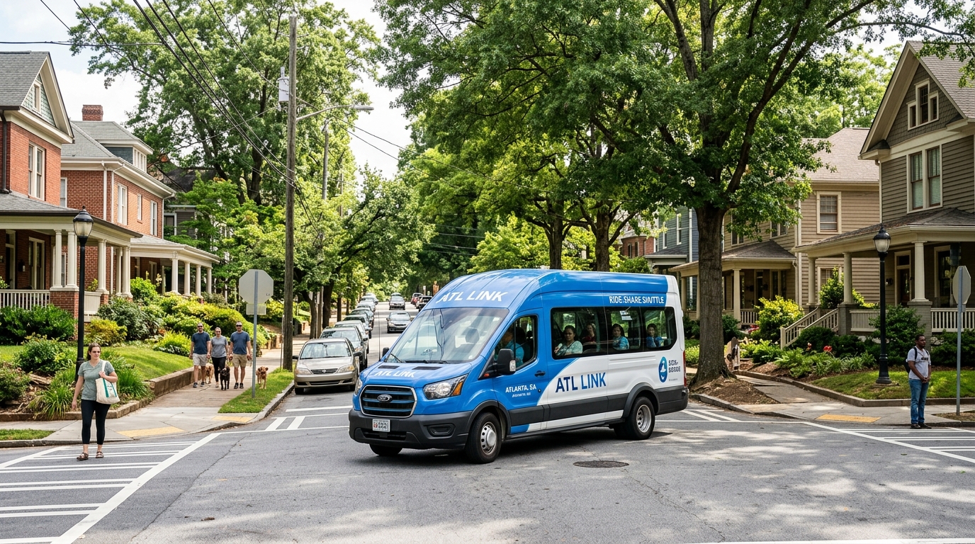 A modern MARTA Reach shuttle van parked in an Atlanta neighborhood