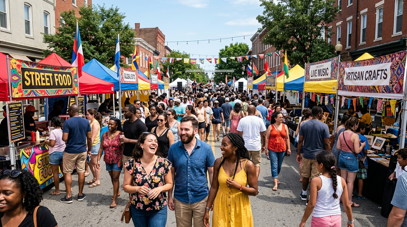 A vibrant outdoor street festival with colorful vendor tents and a diverse crowd