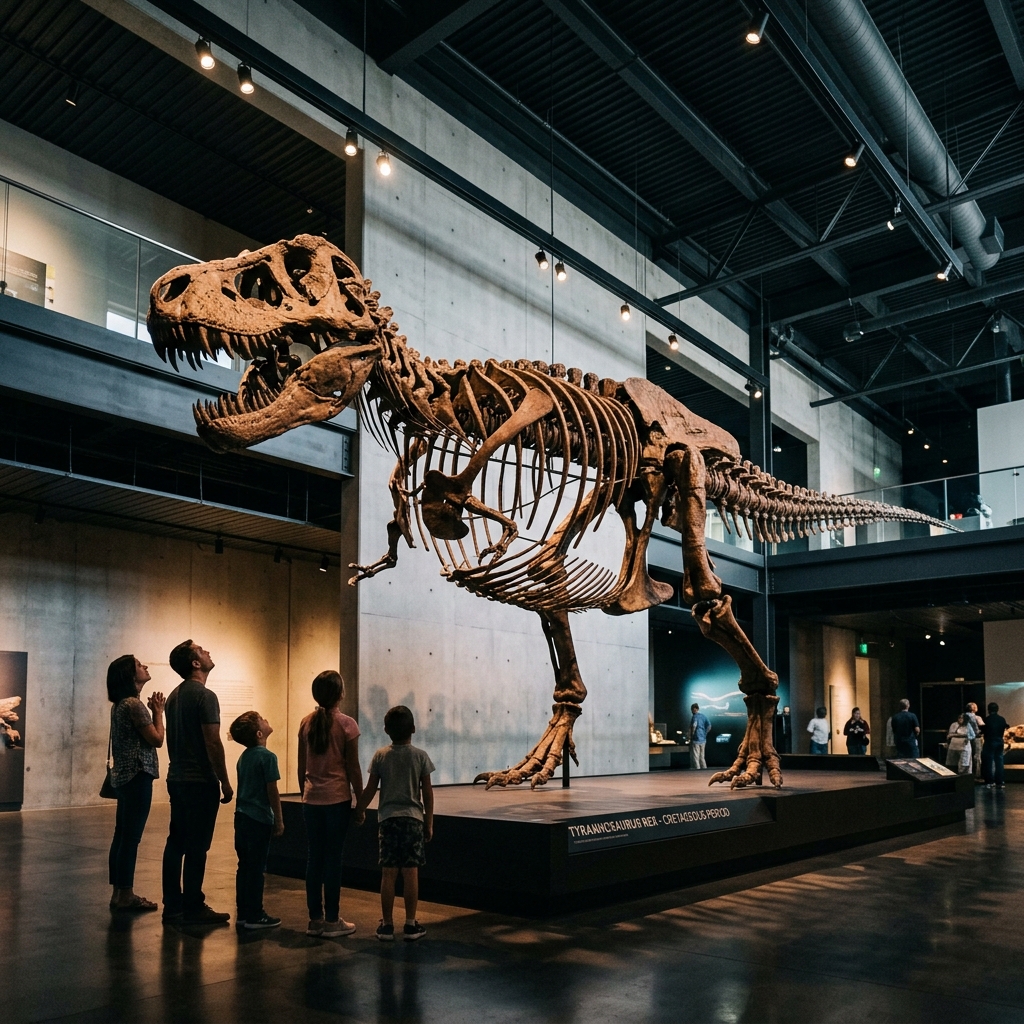 T. rex skeleton model in museum hall
